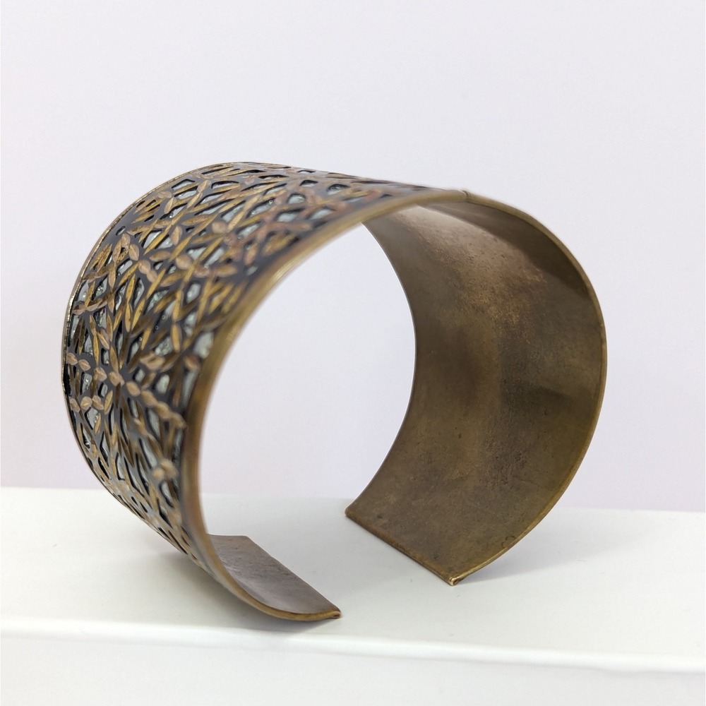 Brass Inlay Cuff Bracelet Metallic Silver Tone Etched Cutout Detail Boho India - Picture 5 of 13